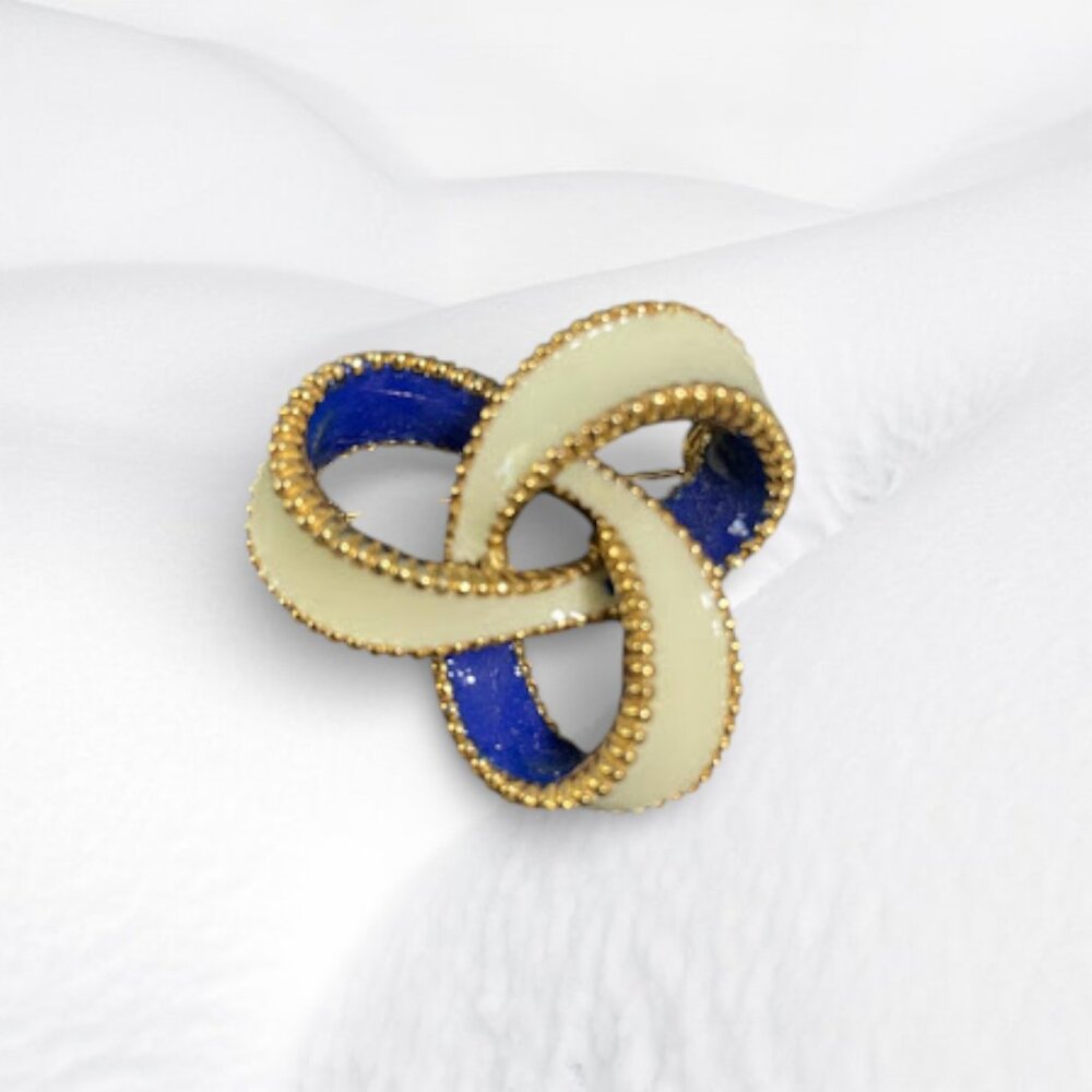 Vintage Signed CINER Blue and White Enamel Gold Tone Love Knot Brooch Pin
